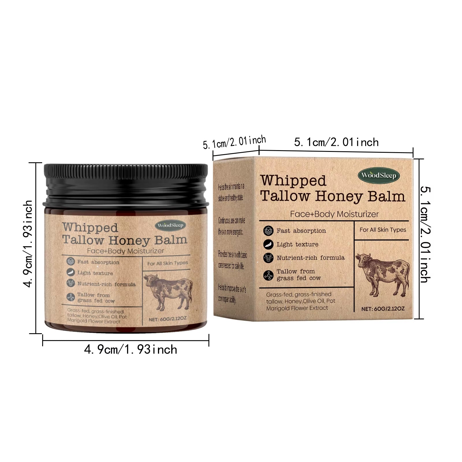 Whipped Beef Tallow Honey Balm Deeply Moisturizer Brightening Fast Absorption Grass Fed Grass Finished Face Cream Body Lotion