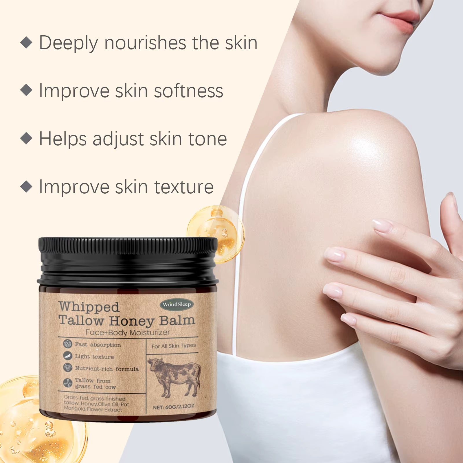 Whipped Beef Tallow Honey Balm Deeply Moisturizer Brightening Fast Absorption Grass Fed Grass Finished Face Cream Body Lotion